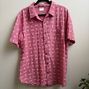 Coca Cola Mens Button Up Shirt Red Logo Cotton All Over Print Vintage Size XL